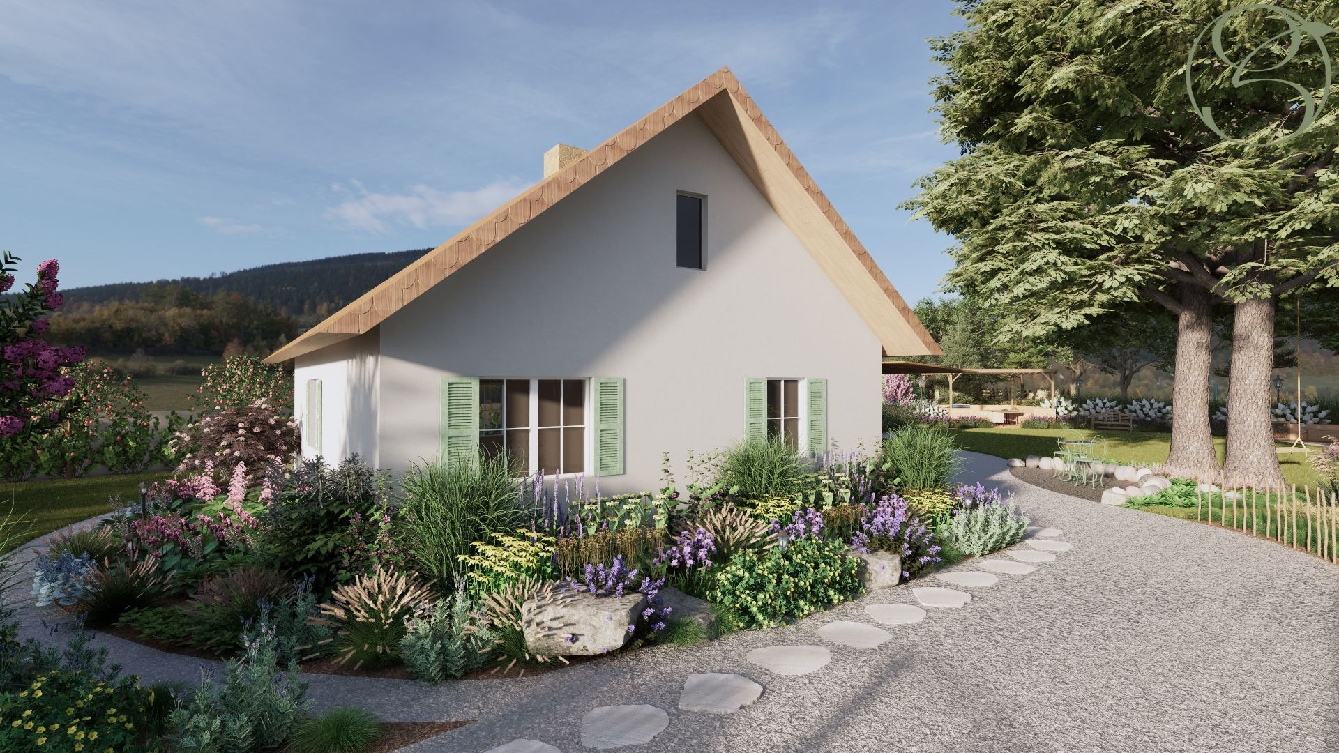 Wizualizacja domu z ogrodem: ścieżka z kamieni, rabaty z kwitnącymi roślinami, trawnik i drzewa. Dom z jasną elewacją i zielonymi okiennicami.