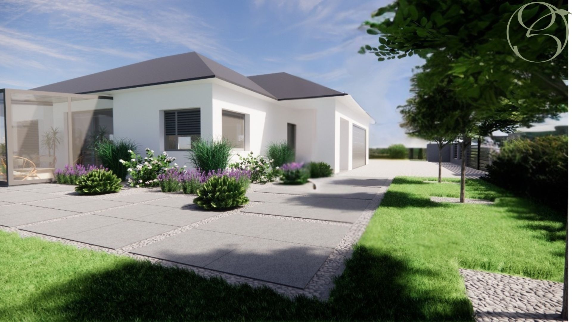 Wizualizacja domu z ogrodem: nowoczesna architektura, biała elewacja, szara kostka brukowa, rabaty z lawendą i trawami ozdobnymi, zadbany trawnik, błękitne niebo.