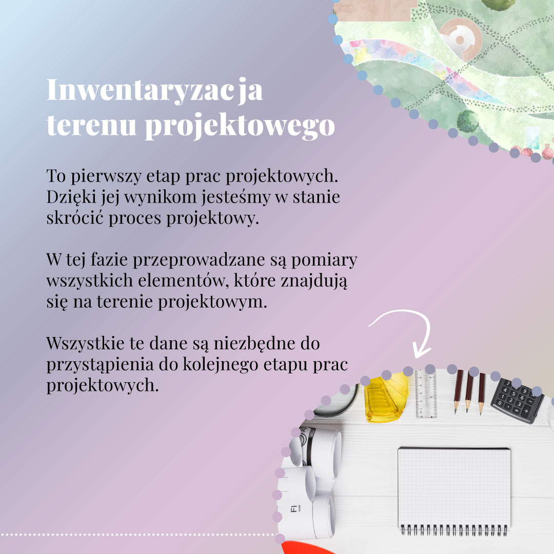 Inwentaryzacja terenu projektowego: plan terenu, notatnik, kalkulator, miarka i ołówki na białym biurku.