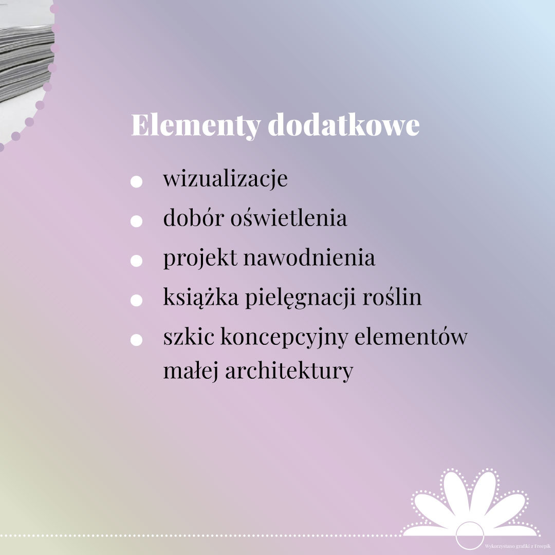 Grafika informacyjna przedstawiająca listę dodatkowych elementów: wizualizacje, dobór oświetlenia, projekt nawodnienia, książka pielęgnacji roślin, szkic koncepcyjny elementów małej architektury.