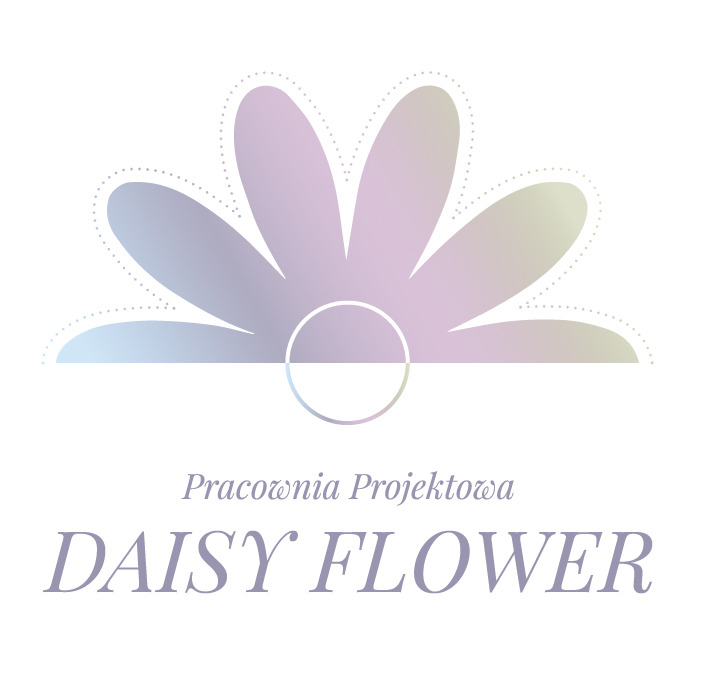 Logo Pracowni Projektowej Daisy Flower z abstrakcyjnym kwiatem w pastelowych odcieniach fioletu i zieleni.