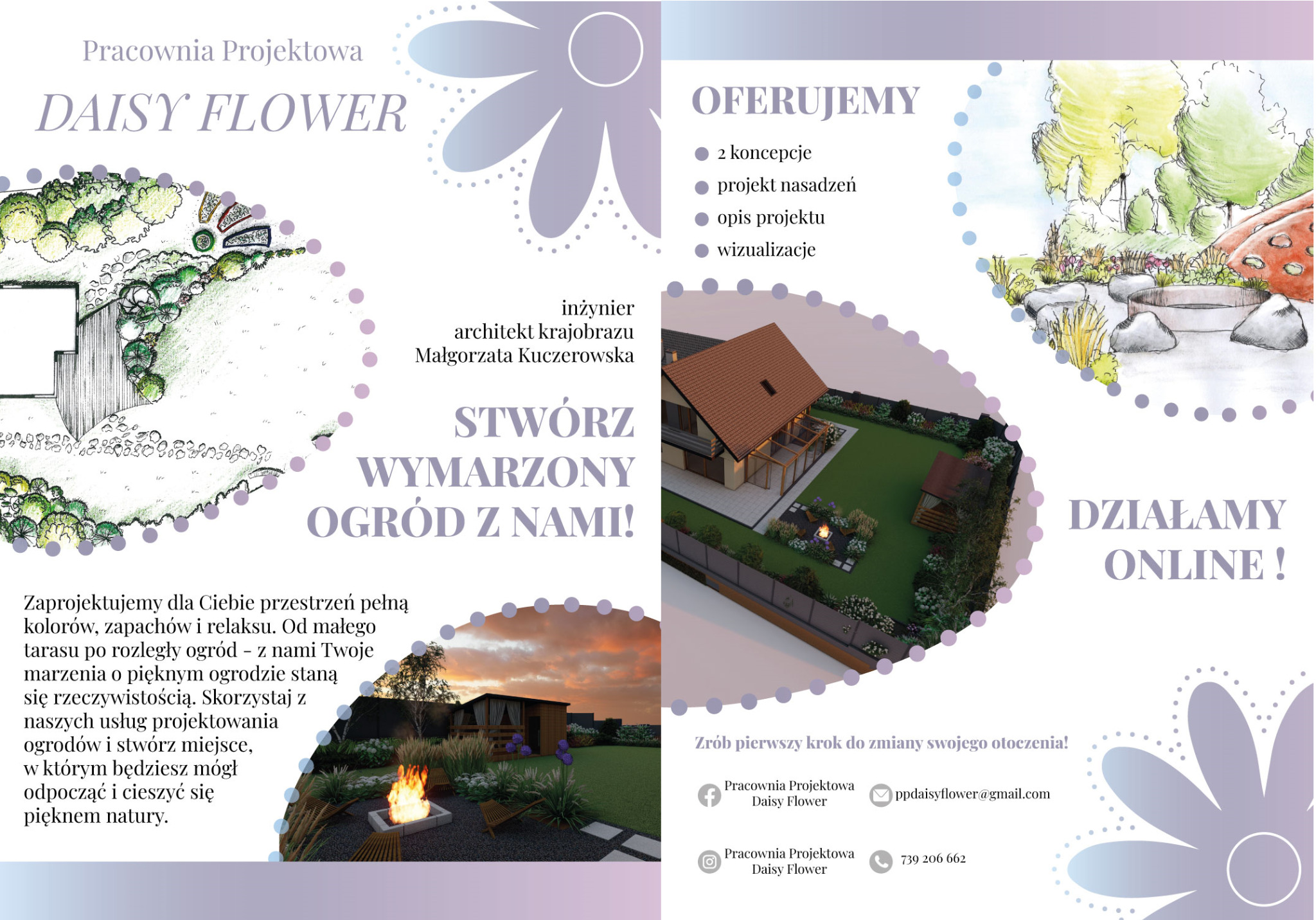 Ulotka reklamowa firmy Daisy Flower oferującej projektowanie ogrodów: szkic koncepcyjny, wizualizacje 3D ogrodu z paleniskiem i zadaszeniem, dane kontaktowe.