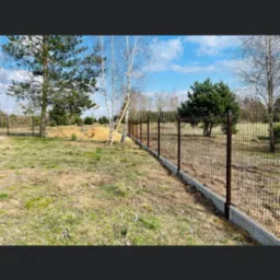 Długie, brązowe ogrodzenie panelowe z podmurówką betonową na nierównym terenie z drzewami i wczesnowiosenną trawą, drabina oparta o brzozę w tle.