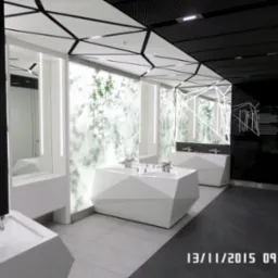 Nowoczesna łazienka publiczna z geometrycznymi umywalkami, podświetlanym panelem z motywem roślinnym i czarno-białym sufitem kasetonowym.