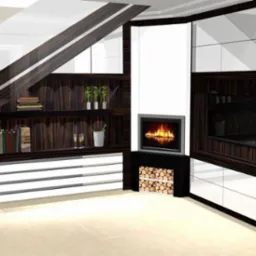 Wizualizacja zabudowy pod schodami z ciemnego drewna i białych frontów, z wkomponowanym kominkiem elektrycznym i miejscem na drewno, półki na książki oraz szklane balustrady schodów.