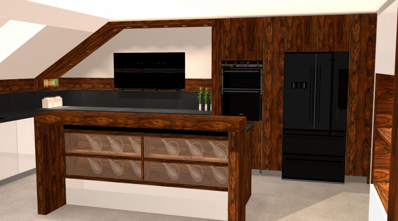 Wizualizacja kuchni z drewnianymi frontami szafek i blatem, czarny sprzęt AGD w zabudowie, przeszklone szafki wyspy kuchennej eksponujące kieliszki.