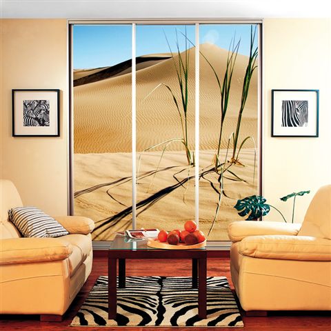 Trzydrzwiowa szafa wnękowa z grafiką pustynnego krajobrazu, w salonie z beżowymi ścianami i kanapami, na podłodze dywan w zebrę.