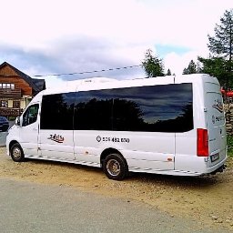 Zalvis PRZEWOZY DO NIEMIEC, BELGII, HOLANDII, SZWAJACARII - Biały bus Mercedes Sprinter z przyciemnianymi szybami i logo firmy 'Zalvis' zaparkowany na żwirowym poboczu drogi z widocznym numerem telefonu, w tle budynek z brązowego drewna i drzewa iglaste.