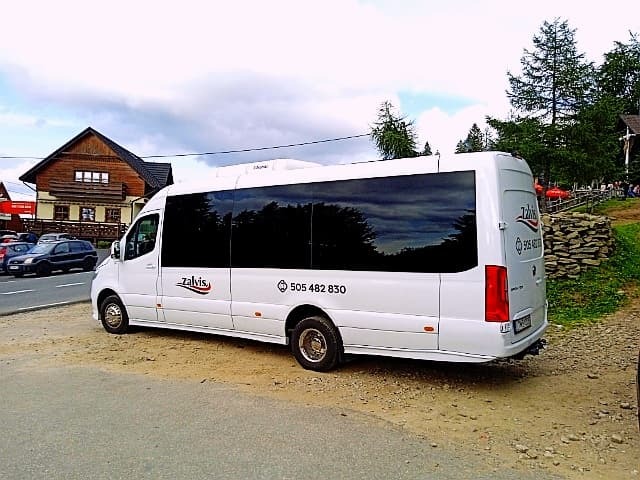 Biały bus Mercedes Sprinter z przyciemnianymi szybami i logo firmy 'Zalvis' zaparkowany na żwirowym poboczu drogi z widocznym numerem telefonu, w tle budynek z brązowego drewna i drzewa iglaste.