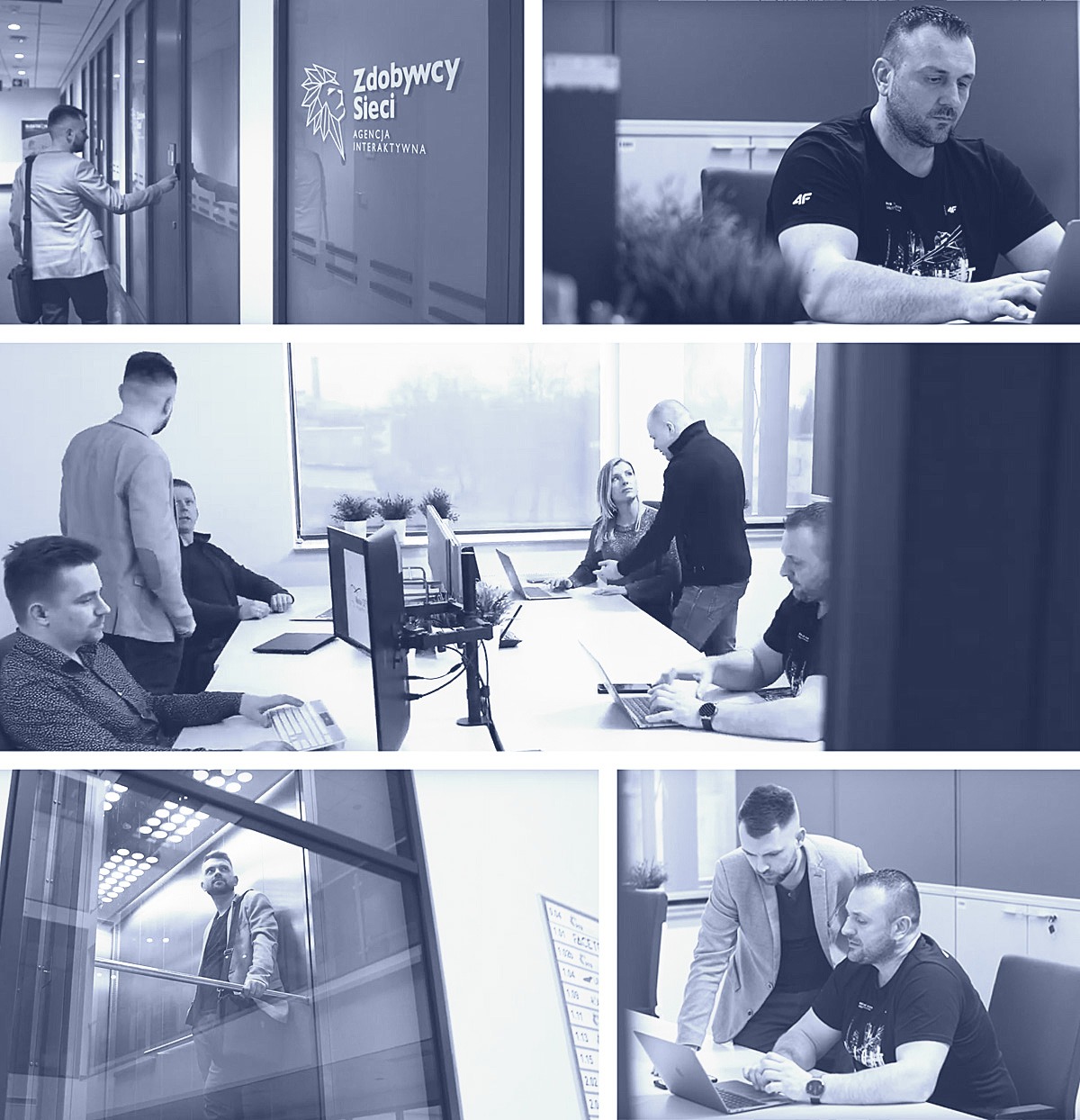 Zespół w biurze agencji interaktywnej Zdobywcy Sieci: pracownicy przy laptopach, rozmowy, logo firmy na szklanych drzwiach, mężczyzna w windzie.