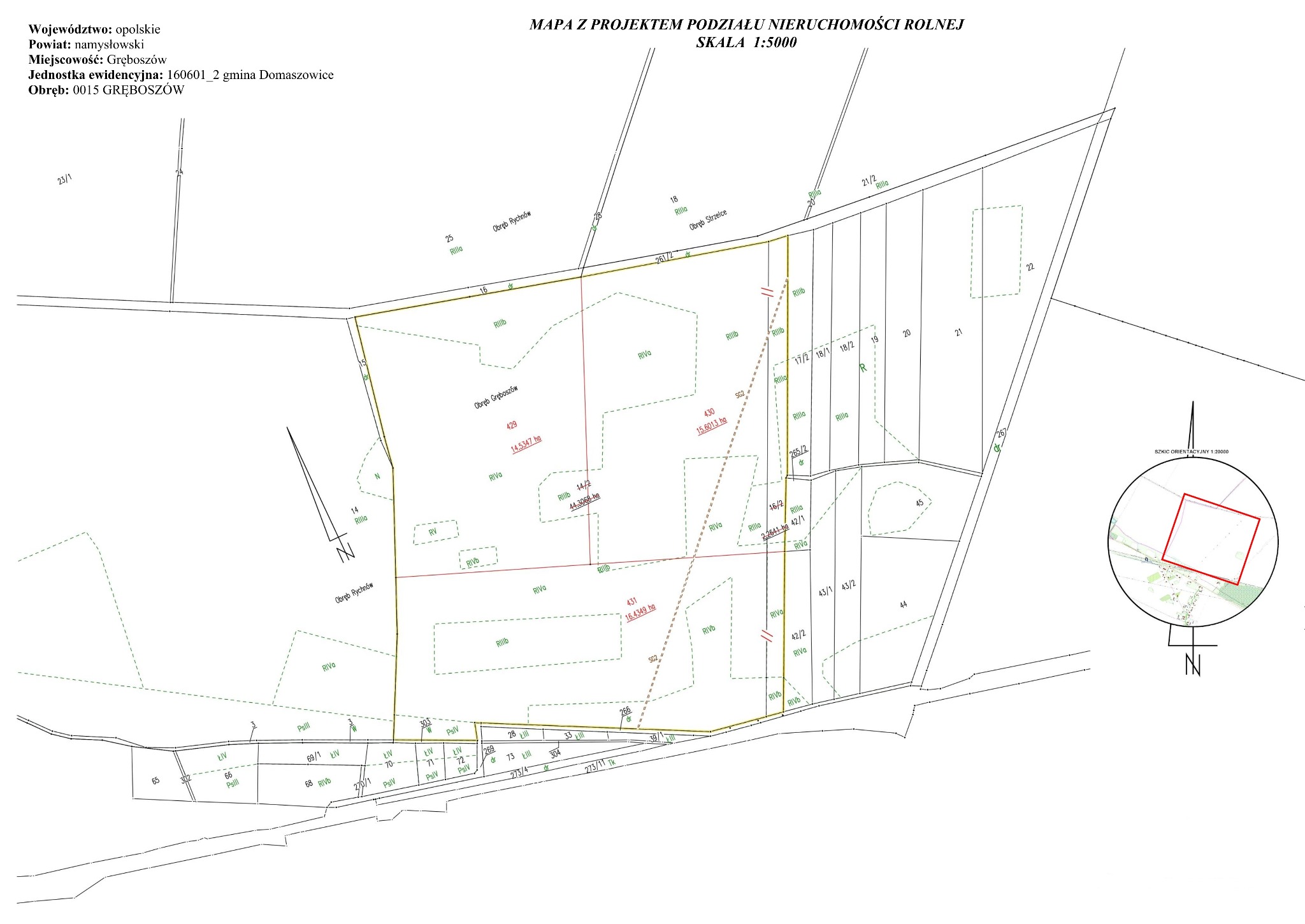 Mapa podziału nieruchomości rolnej w skali 1:5000, z zaznaczonymi działkami i ich numerami, orientacją względem stron świata i informacjami o obrębie.
