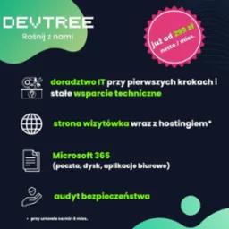 Grafika reklamowa firmy IT oferującej doradztwo, wsparcie techniczne, strony wizytówki z hostingiem, Microsoft 365 oraz audyt bezpieczeństwa, z logo firmy 'Devtree' i hasłem 'Rośnij z nami'.