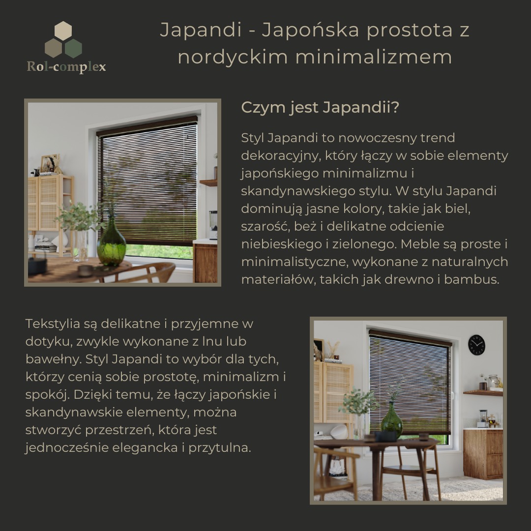 Brązowe żaluzje drewniane w oknie, widoczne w aranżacji wnętrza w stylu Japandi z elementami drewna i naturalnych materiałów.