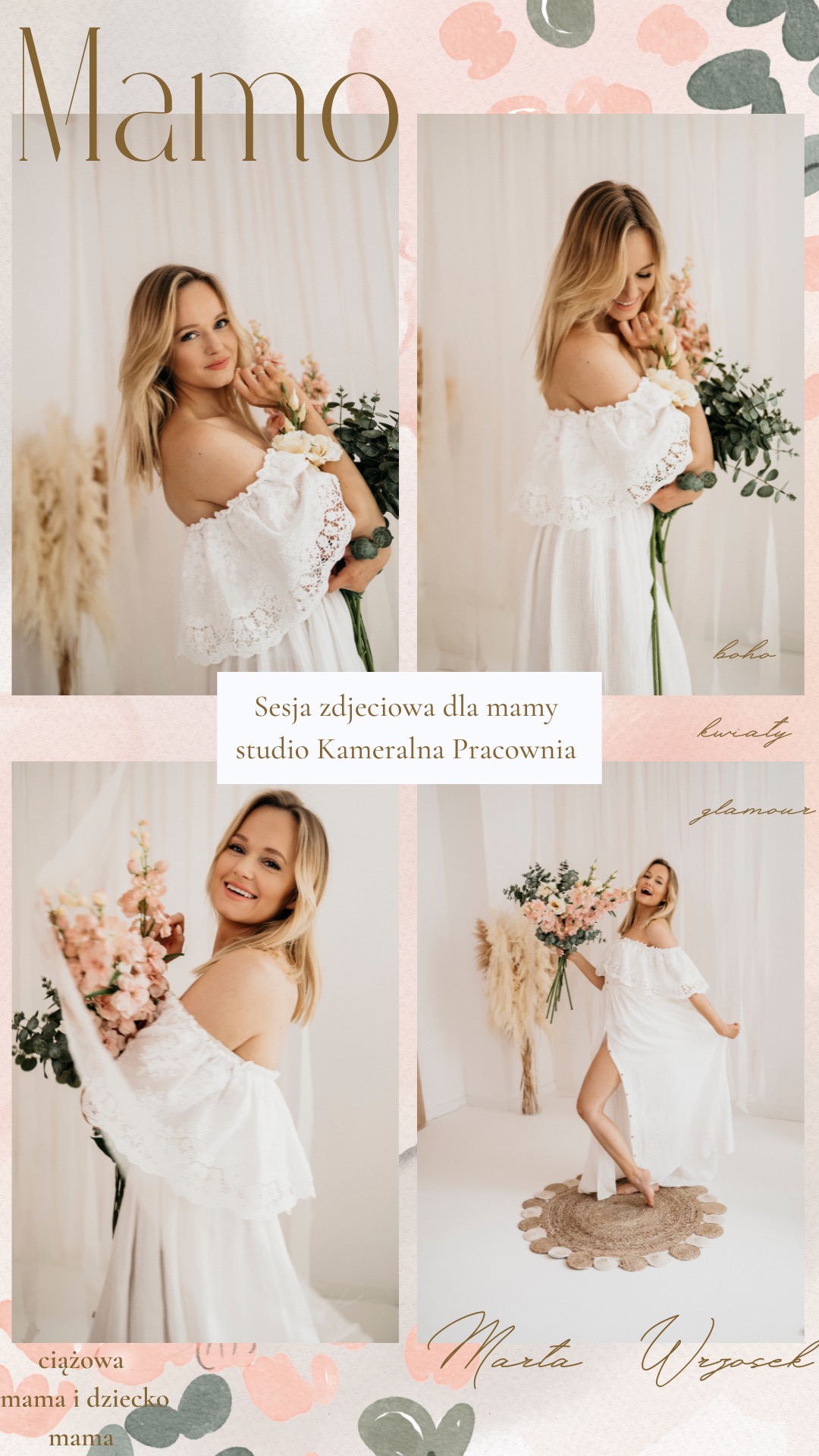 Kolaż zdjęć kobiety w białej sukience, pozującej z bukietem kwiatów w jasnym studio, w stylu boho i glamour.
