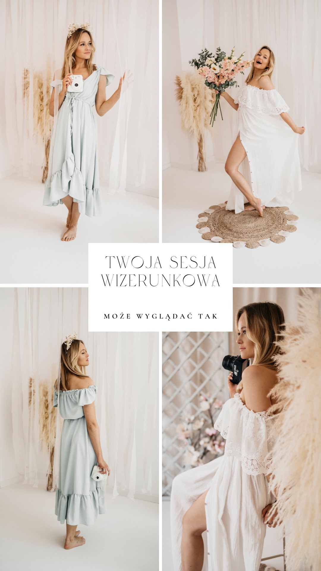 Kolaż czterech zdjęć kobiety w sukienkach w jasnym studio z dekoracjami z traw pampasowych, trzymającej aparat fotograficzny i kwiaty.