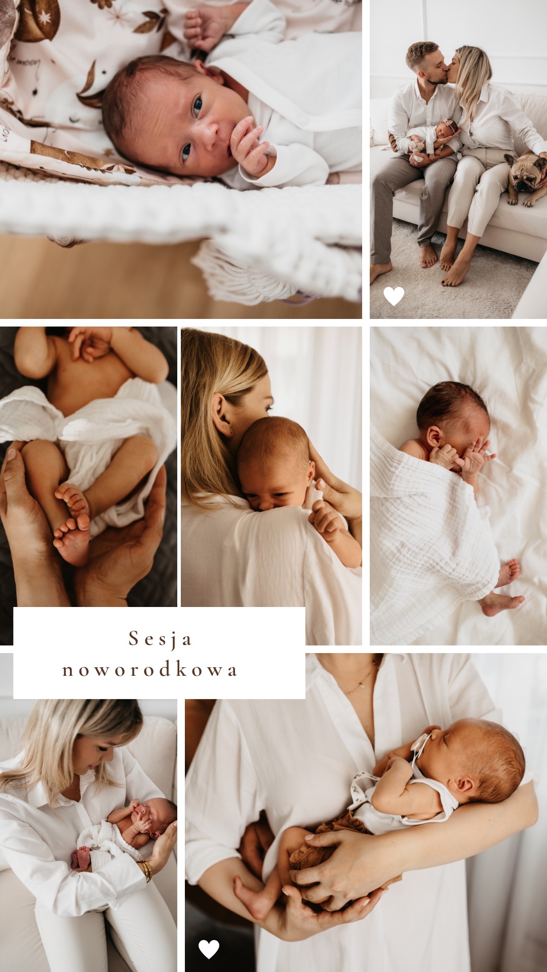 Kolaż z fotografii noworodka w różnych ujęciach: leżącego na kocyku z motywem księżyca, w ramionach rodziców, owiniętego w biały muślin, trzymanego przez mamę w białej koszuli.