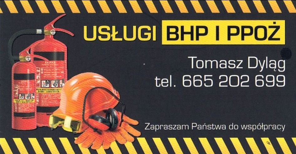 Grafika reklamowa z dwoma gaśnicami, pomarańczowym kaskiem, okularami ochronnymi, rękawicami i tekstem 'Usługi BHP i PPOŻ' oraz danymi kontaktowymi.