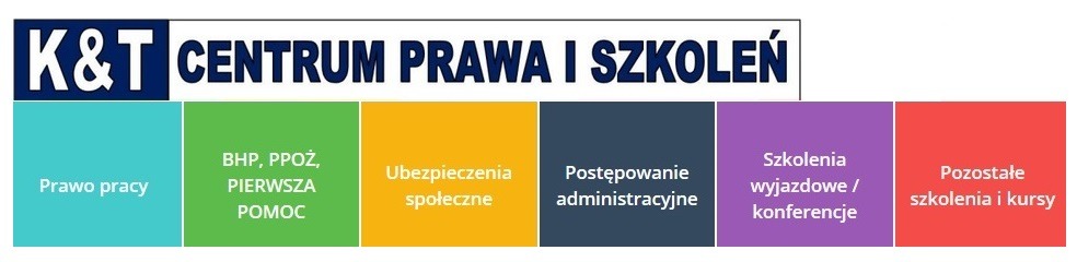 Logo firmy K&T Centrum Prawa i Szkoleń z kolorowymi blokami prezentującymi zakres usług: prawo pracy, ochrona przeciwpożarowa, pierwsza pomoc, ubezpieczenia społeczne, postępowanie administracyjne,...