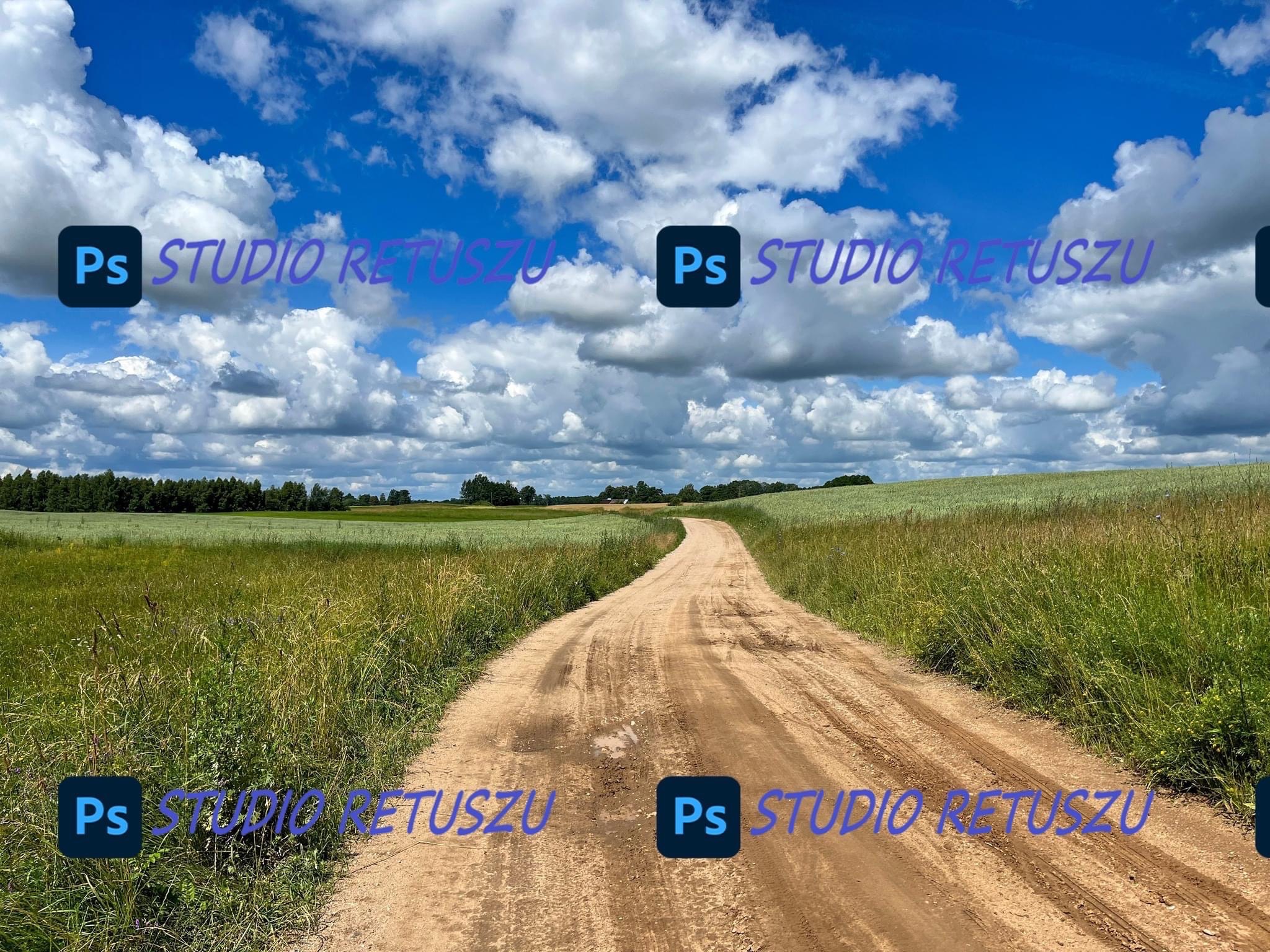 Polna droga prowadząca przez łąkę w słoneczny dzień z błękitnym niebem i chmurami, z nałożonym znakiem wodnym 'Ps Studio Retuszu'.