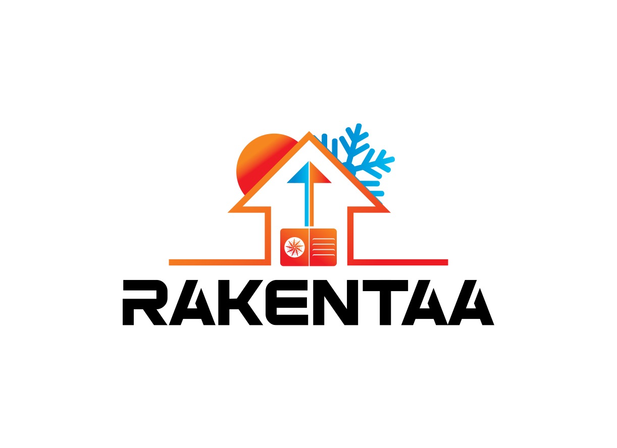 Logo firmy z Gdańska przedstawiające dom z symbolem słońca i płatka śniegu, strzałką w górę i panelem sterowania, z nazwą firmy 'RAKENTAA' poniżej.