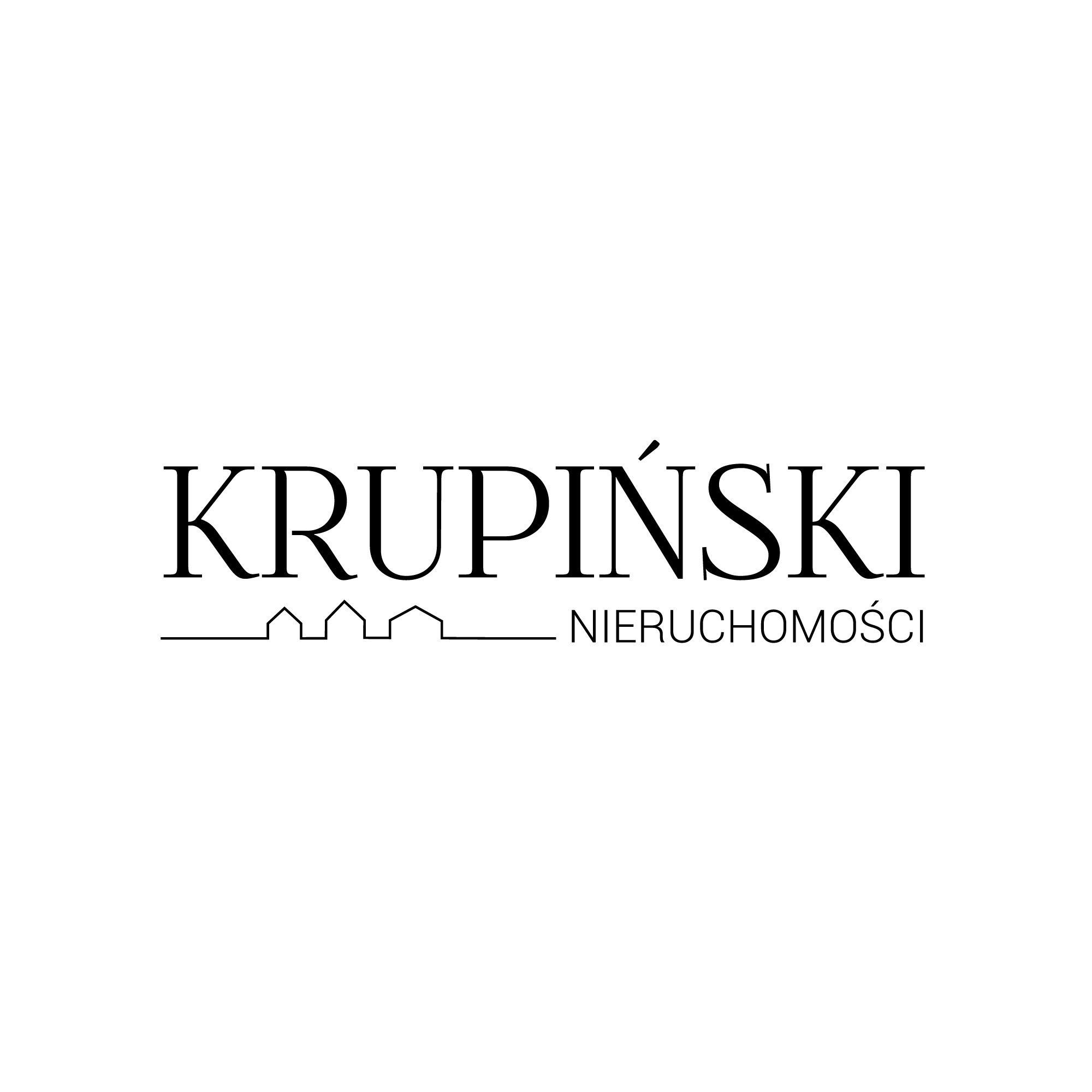 Logo firmy Krupiński Nieruchomości z minimalistycznym rysunkiem budynków w linii.