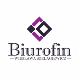 Logo firmy Biurofin Wiesława Szelągiewicz z geometrycznym symbolem w odcieniach fioletu nad nazwą.