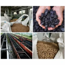 Kolaż czterech zdjęć: pellet w worku w hali produkcyjnej, bryły węgla trzymane w dłoniach, wagony kolejowe wypełnione węglem, worek z pelletem.
