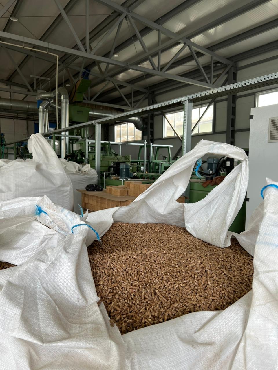 Wnętrze hali produkcyjnej z otwartym workiem wypełnionym granulatem drzewnym, widoczne maszyny i instalacje przemysłowe w tle.