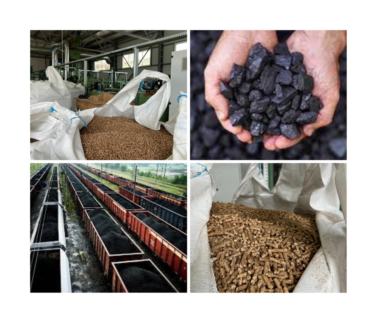 Kolaż czterech zdjęć: pellet w worku w hali produkcyjnej, bryły węgla trzymane w dłoniach, wagony kolejowe wypełnione węglem, worek z pelletem.