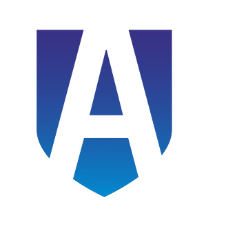 Logo firmy z Jasła, litera A wkomponowana w kształt tarczy, gradient koloru niebieskiego.