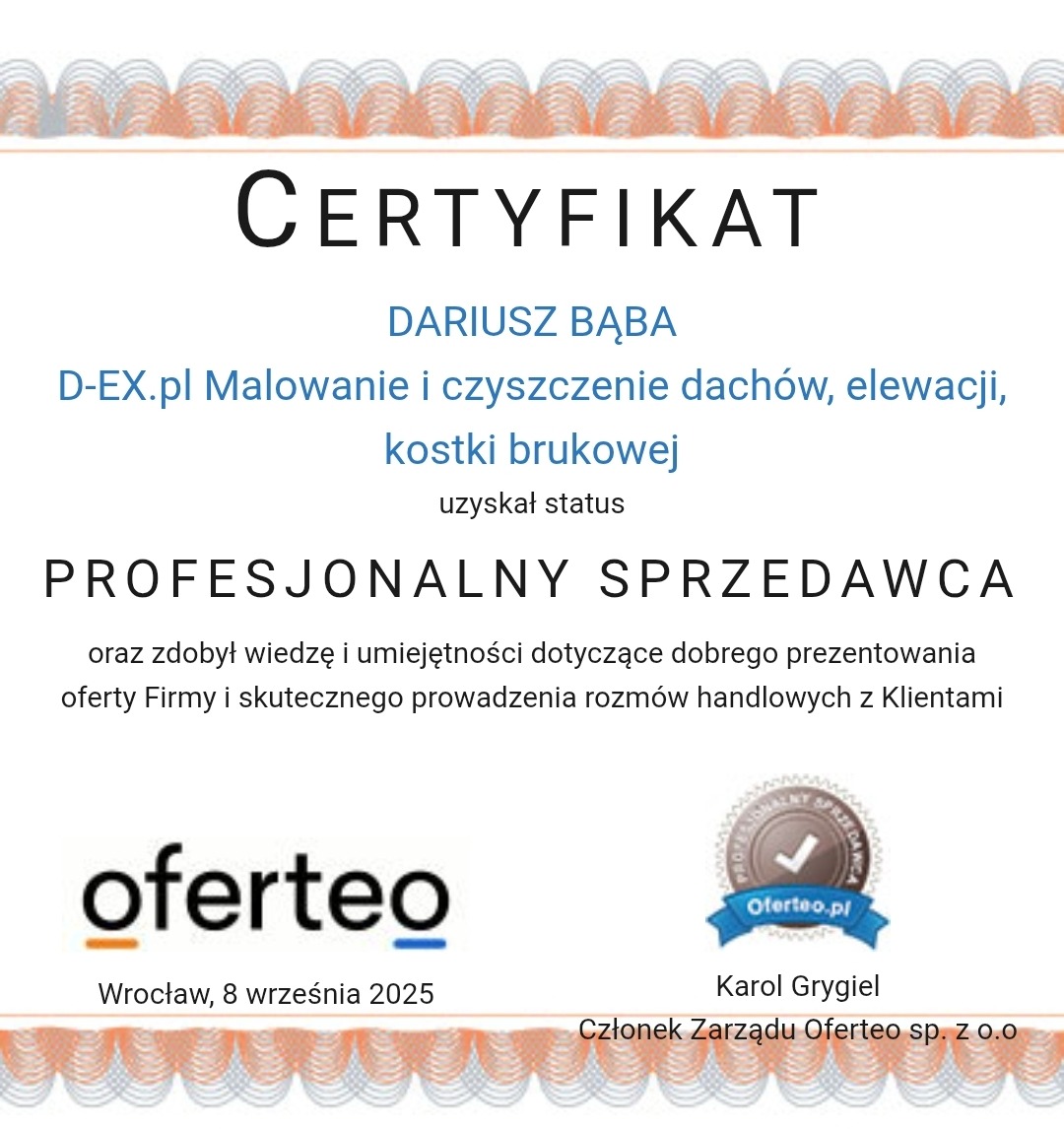 Certyfikat dla D-EX.pl za malowanie, czyszczenie dachów, elewacji i kostki brukowej, wydany przez Oferteo.pl, potwierdzający status Profesjonalnego Sprzedawcy.