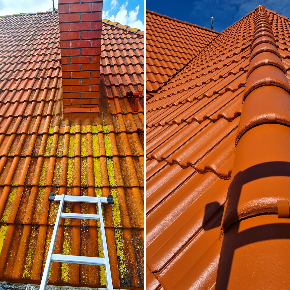 Porównanie dachu przed i po: fragment pokryty mchem i zabrudzeniami oraz odnowiona, pomalowana część z ceglastą dachówką.