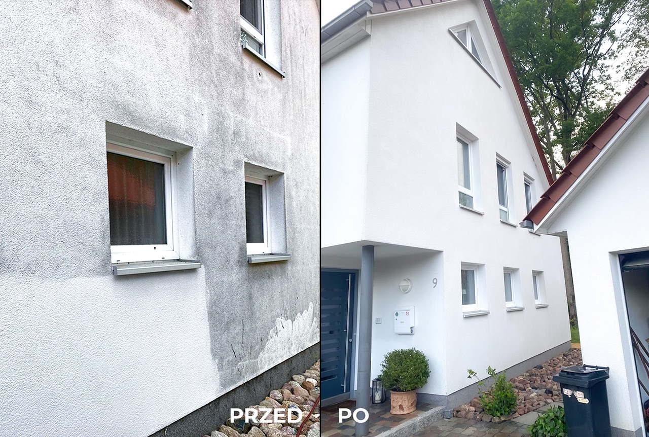 Porównanie 'przed' i 'po' odświeżenia elewacji budynku: po lewej stronie szara, zabrudzona ściana, po prawej biała, czysta elewacja z numerem domu '9', niebieskimi drzwiami i dekoracyjnym krzewem...