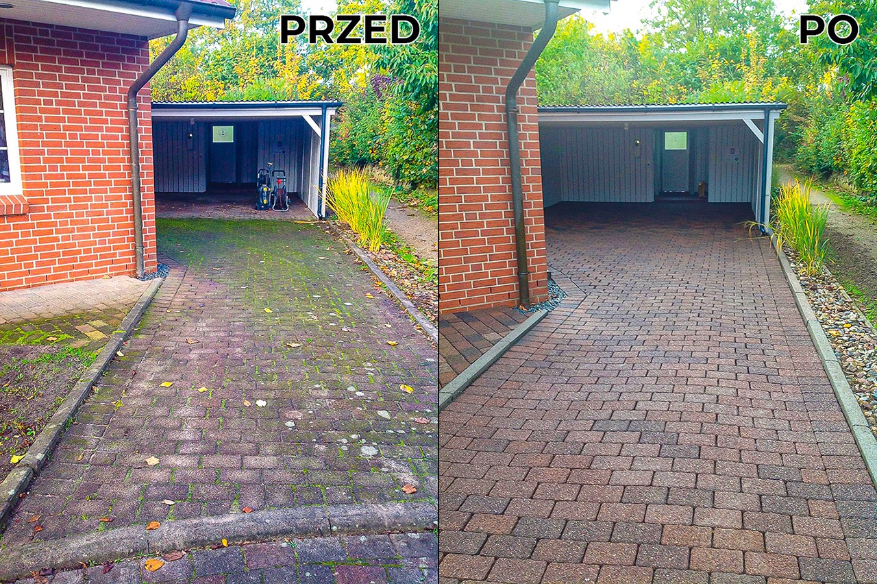 Porównanie stanu kostki brukowej przed i po czyszczeniu, widoczna znacząca różnica w kolorze i czystości, mech i zabrudzenia usunięte, na drugim planie garaż.