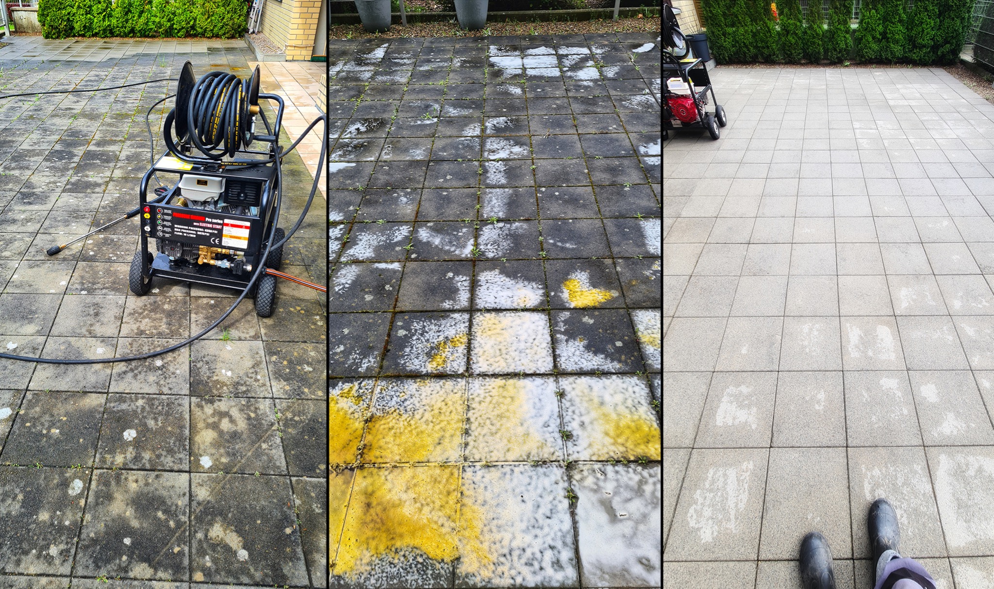 Kompozycja trzech zdjęć: myjka ciśnieniowa na brudnej kostce, kostka częściowo umyta z plamami i chwastami, oraz czysta kostka z widocznymi butami osoby fotografującej.