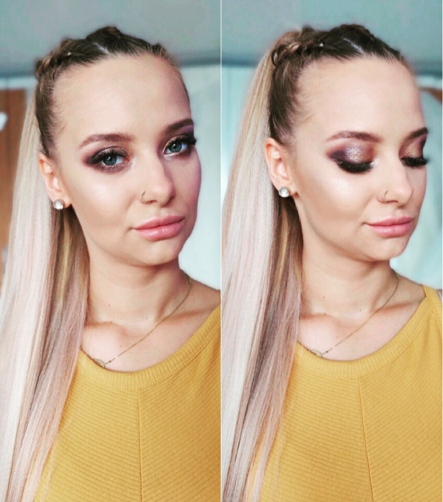 Portret młodej kobiety z profesjonalnie wykonanym, połyskującym, fioletowo-brązowym zdobieniem powiek i sztucznymi rzęsami, blond włosami spiętymi w wysoki kucyk z warkoczem, widoczne kolczyki...