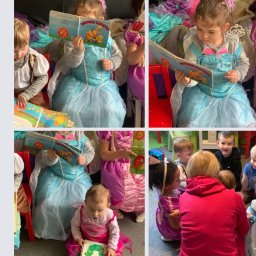 Nasze Maluchy (klub dziecięcy )placówka dwujęzyczna dla dzieci od 1 roku wzwyż -(angielsko -poski program) - Mozaika zdjęć: dzieci w kostiumach czytają książki. Dziewczynka w stroju Elsy z książką 'Rzydkie Kaczątko'. Grupa dzieci siedzi na podłodze, słuchając czytania.