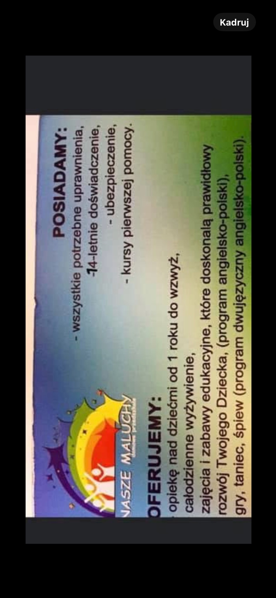 Oferta żłobka 'Nasze Maluchy': opieka nad dziećmi od 1 roku, wyżywienie, zajęcia edukacyjne, rozwój dwujęzyczny (angielski i polski), 14 lat doświadczenia.