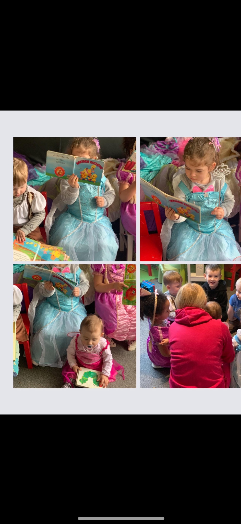 Mozaika zdjęć: dzieci w kostiumach czytają książki. Dziewczynka w stroju Elsy z książką 'Rzydkie Kaczątko'. Grupa dzieci siedzi na podłodze, słuchając czytania.