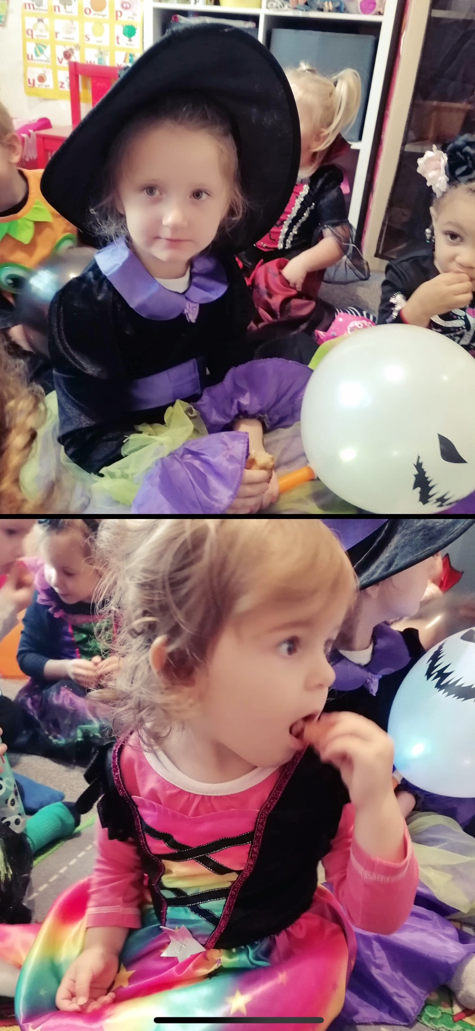 Dzieci w kostiumach, w tym dziewczynka w czarnym kapeluszu wiedźmy i fioletowej sukience, siedzą na podłodze podczas Halloween, jedzą przekąski, obok balony z motywem Halloween.
