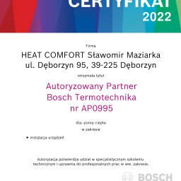 Certyfikat Autoryzowany partner Bosch serwis pieców gazowych 2022