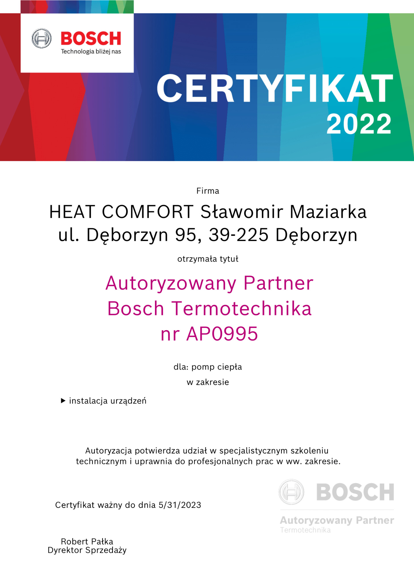 Certyfikat Autoryzowany partner Bosch serwis pieców gazowych 2022