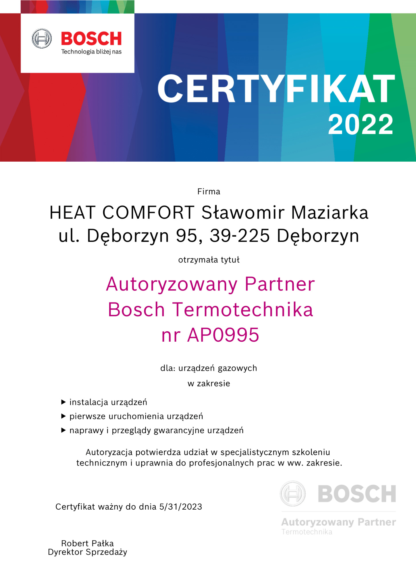 Autoryzowany certyfikat kotłów gazowych Bosch 2022