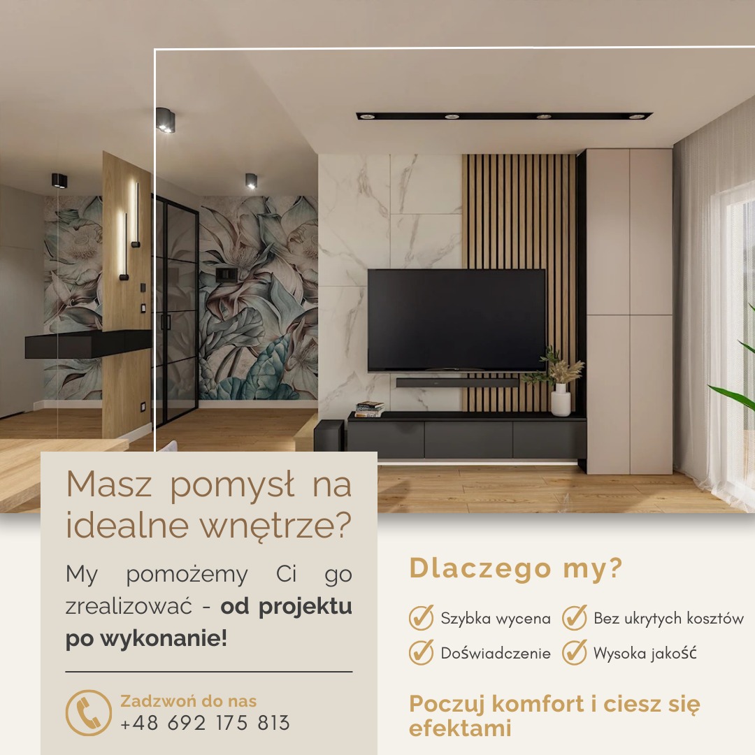 Wizualizacja nowoczesnego salonu z drewnianą podłogą, ścianą z marmurowym wzorem i telewizorem na szafce RTV, uzupełniona o pionowe drewniane panele dekoracyjne. Widoczny fragment ściany z tapetą...