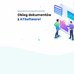 Graficzna ilustracja obiegu dokumentów z ATSofware, przedstawiająca dwóch mężczyzn analizujących dane i dokumenty wyświetlane na interfejsie z folderami.