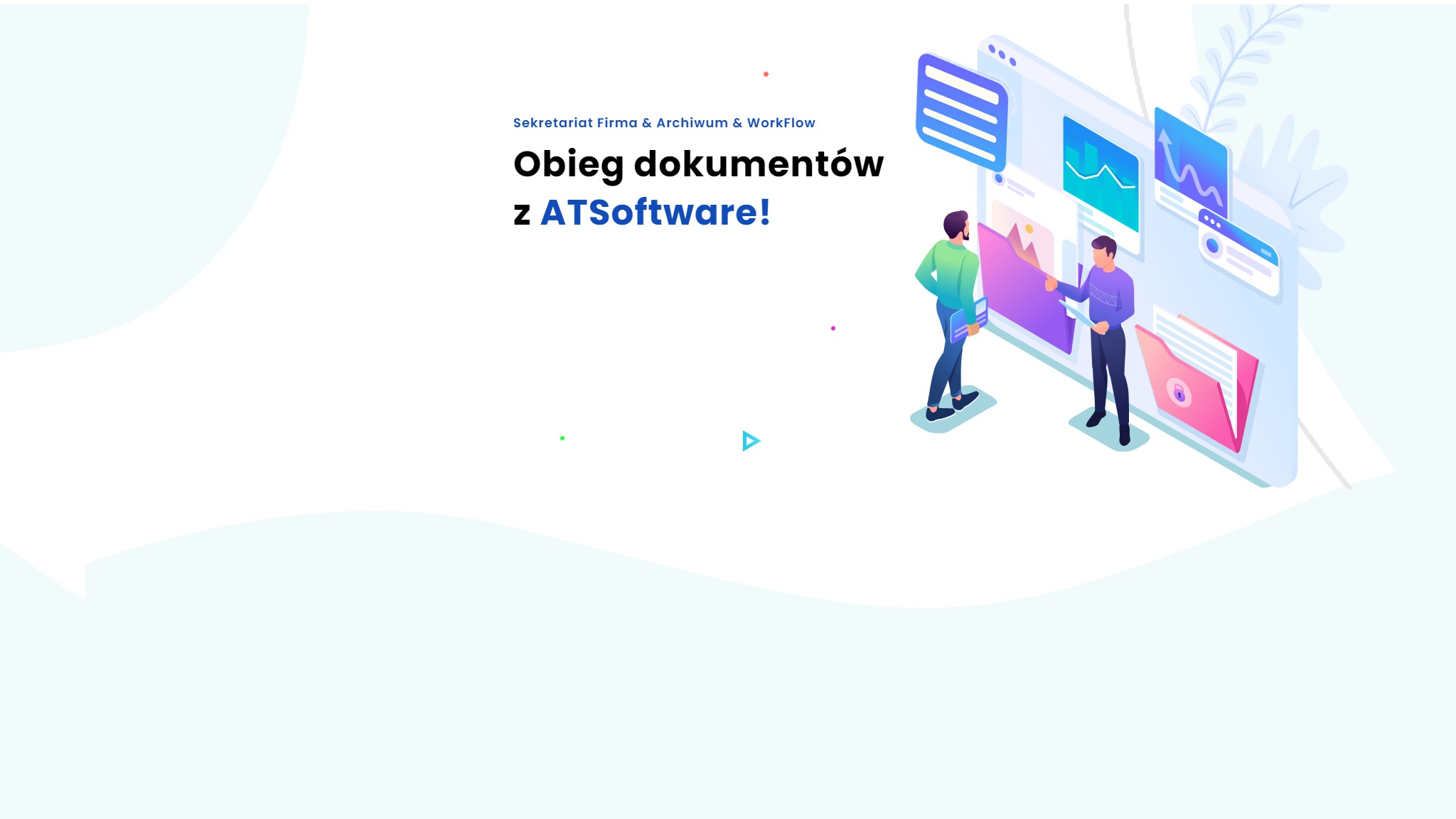 Graficzna ilustracja obiegu dokumentów z ATSofware, przedstawiająca dwóch mężczyzn analizujących dane i dokumenty wyświetlane na interfejsie z folderami.