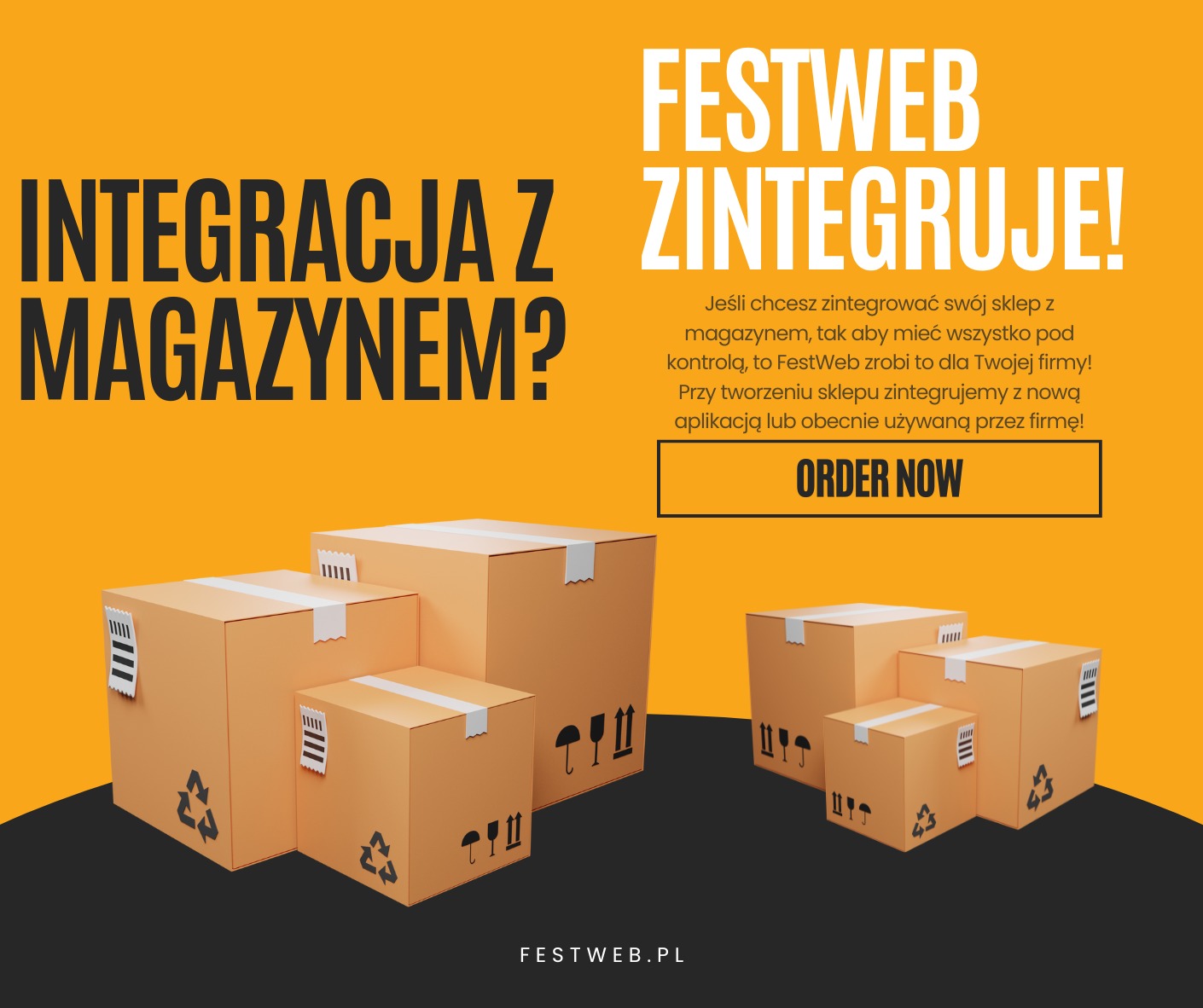 Grafika reklamowa przedstawiająca integrację sklepu internetowego z magazynem, z hasłem 'Integracja z magazynem? Festweb zintegruje!' oraz wizualizacją kartonowych pudeł.