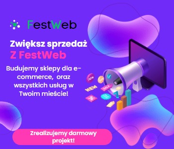 Grafika reklamowa FestWeb: fioletowe tło z abstrakcyjnymi kształtami, monitor z aplikacją eCommerce, megafon z etykietami SALE, hasło 'Zwiększ sprzedaż Z FestWeb', informacja 'Budujemy sklepy...