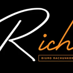 Logo biura rachunkowego Rich z napisem 'Biuro Rachunkowe' w pomarańczowej ramce, na czarnym tle. Litera 'R' w kolorze białym, pozostała część nazwy w kolorze pomarańczowym.
