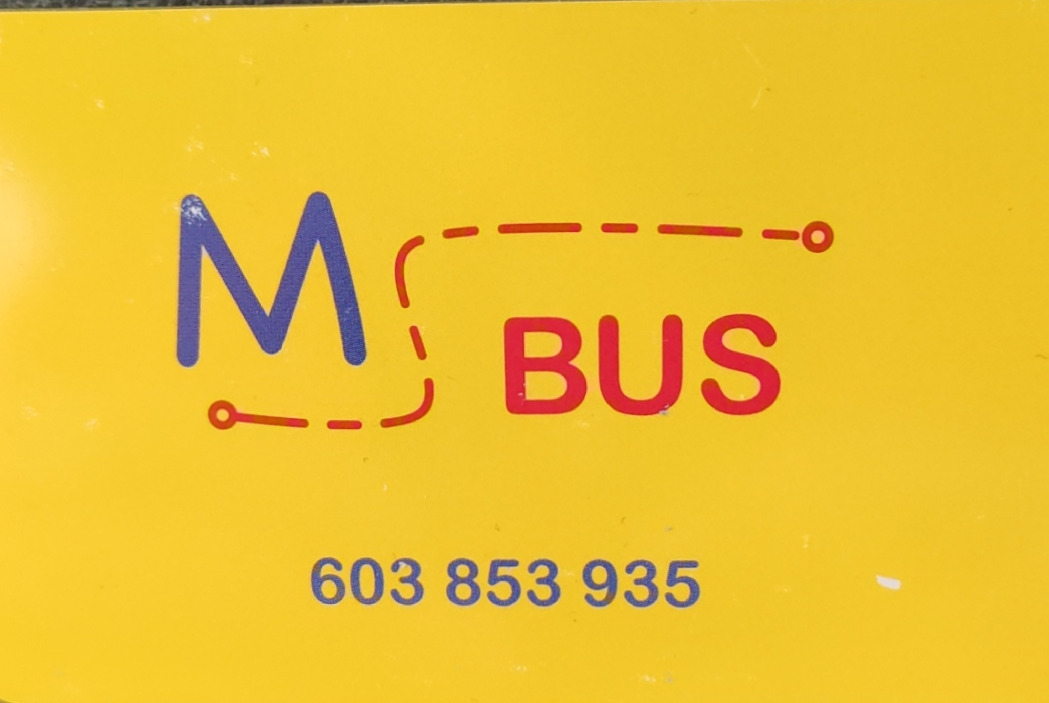 Żółte tło z logo firmy Ms BUS w kolorach niebieskim i czerwonym, z numerem telefonu 603 853 935.